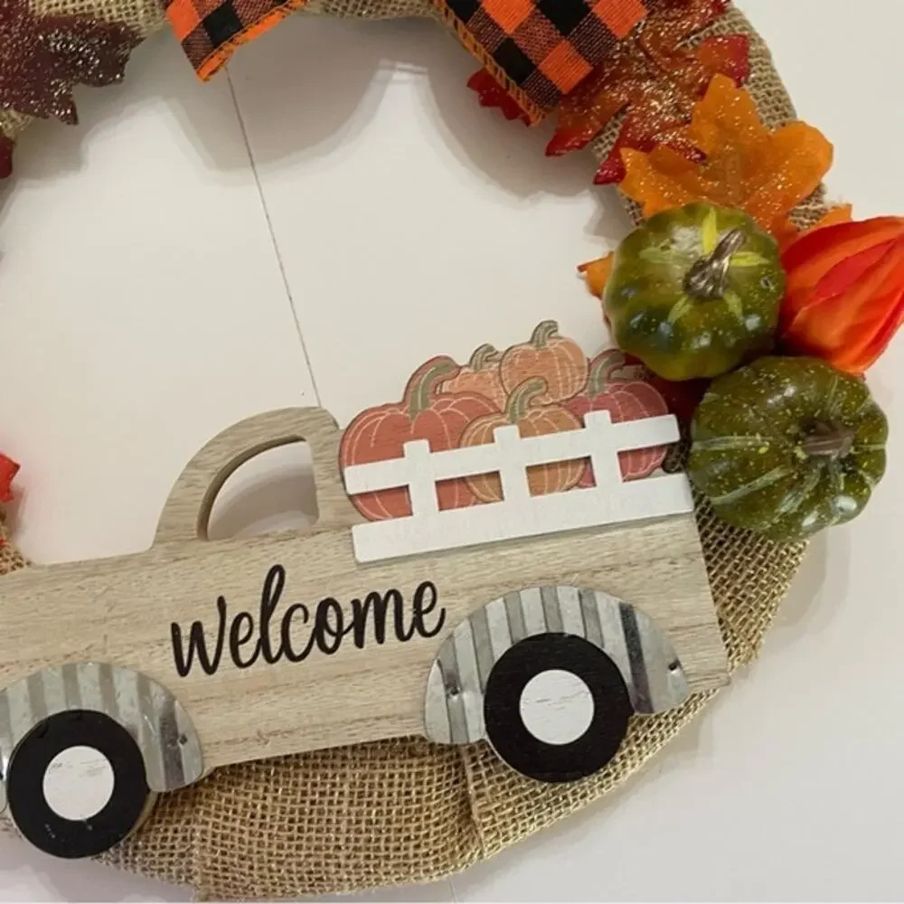 Handmade Burlap Fall Wreath Pumpkin Truck Welcome Farmhouse